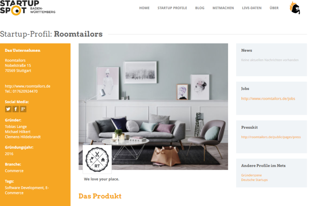 Das StartupSpot Profil von Roomtailors